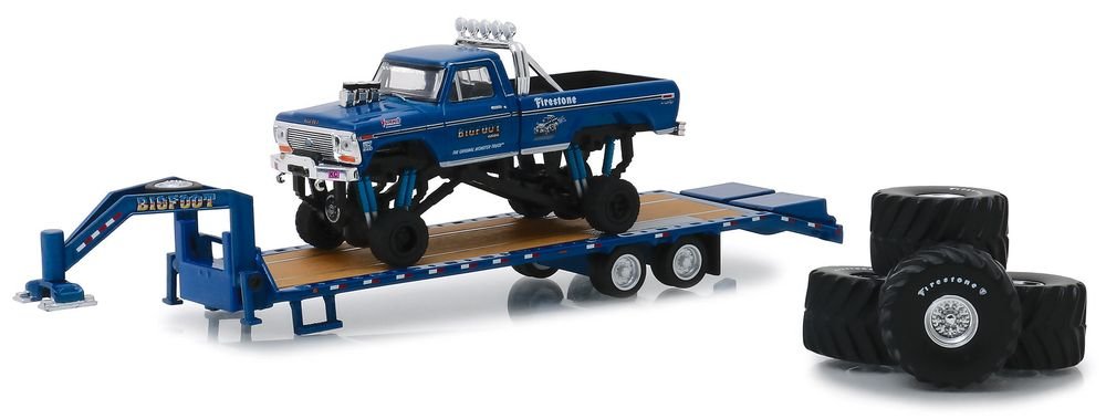 1974 Ford F-250 Monster Truck "Bigfoot #1 The Original Monster Truck (1979)" with Gooseneck Trailer and Regular and Replacement 66" Tires "Hobby Exclusive" 1/64 Diecast Model Car by Greenlight view 2