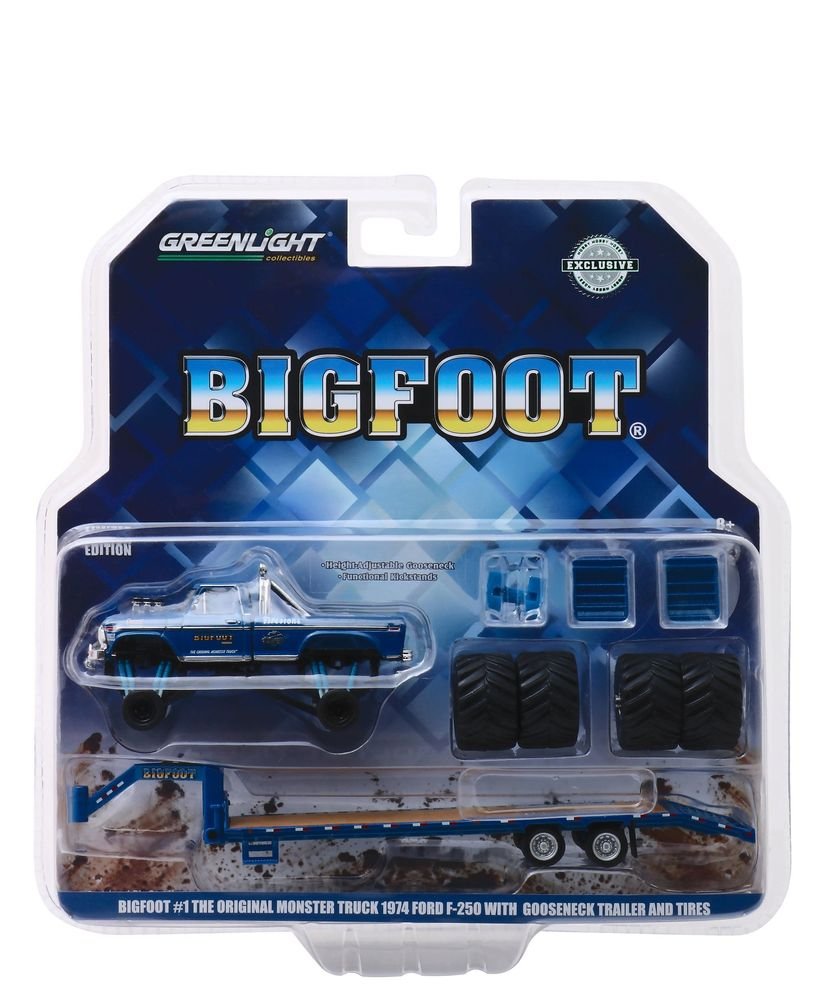 1974 Ford F-250 Monster Truck "Bigfoot #1 The Original Monster Truck (1979)" with Gooseneck Trailer and Regular and Replacement 66" Tires "Hobby Exclusive" 1/64 Diecast Model Car by Greenlight view 3